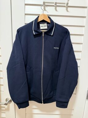 Miu Miu Navy Blue Zip-Front Bomber Jacket with White Collar Trim